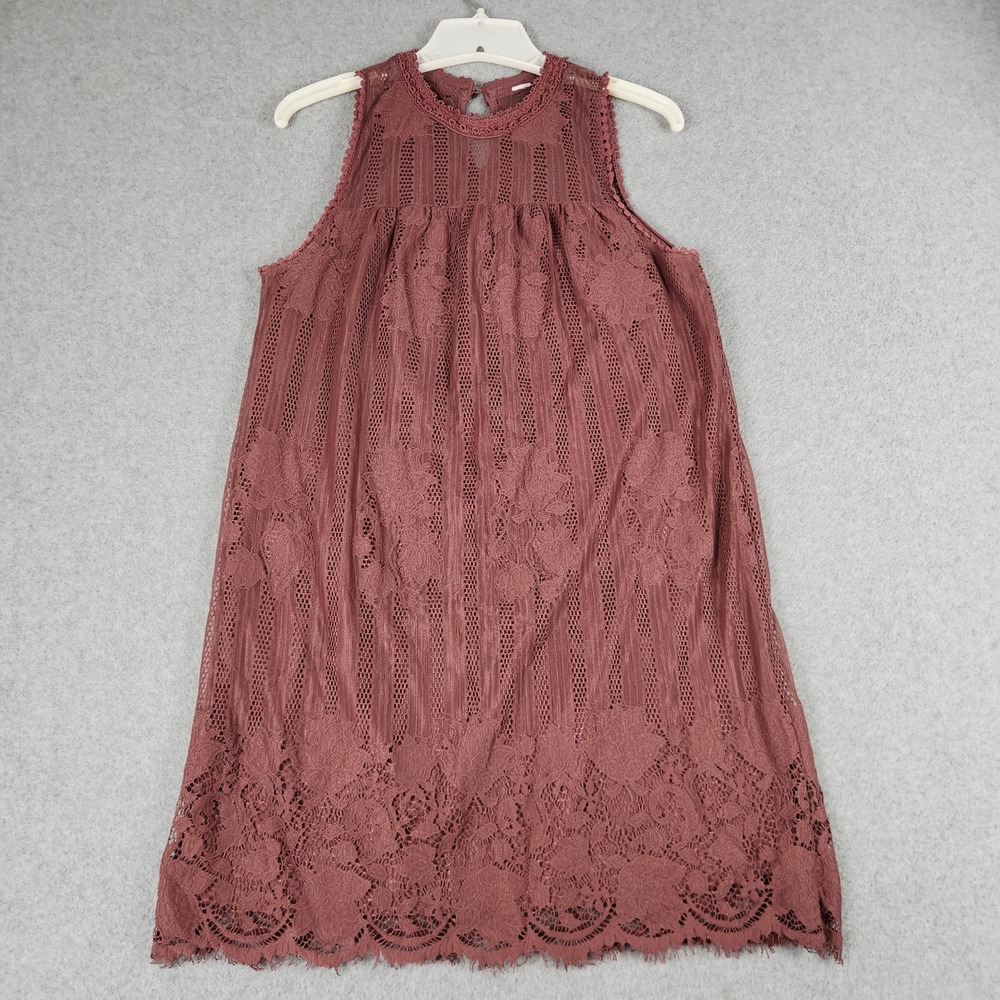 Women Lace Shift Dress L Burgundy Floral Crochet Sleeveless Cocktail Scalloped
